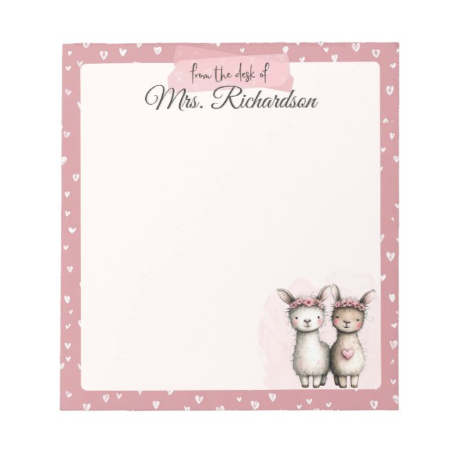 Bloco De Notas Custom Valentine Notepad Cute Pink Llama & Hearts (Frente)