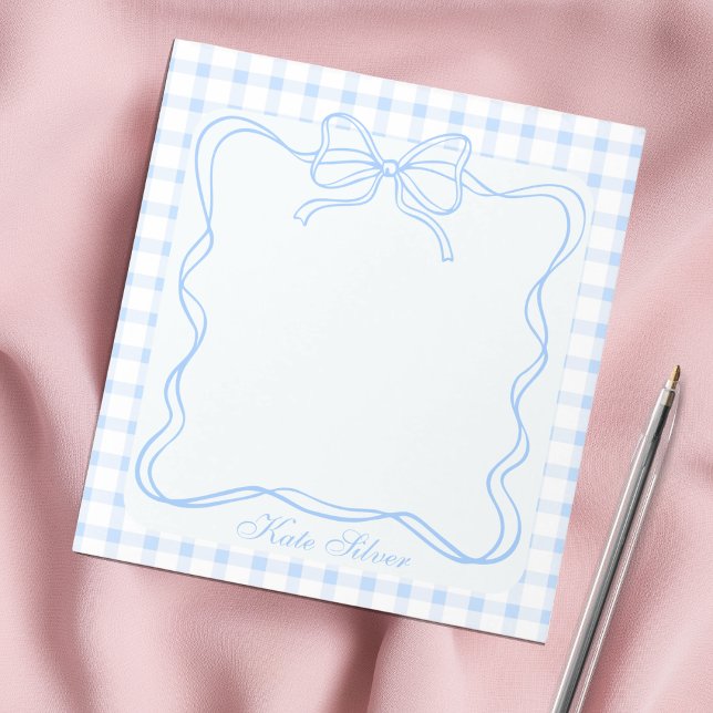 Bloco De Notas Cute Blue Coquette Bow Gingham Personalized Name (Criador carregado)