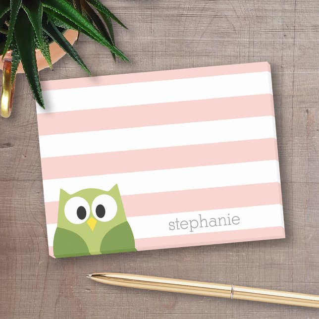 Bloco De Notas Cute Cartoon Owl - Coral and Green with Stripes (Personalized Post-it notes - add your name and other text)