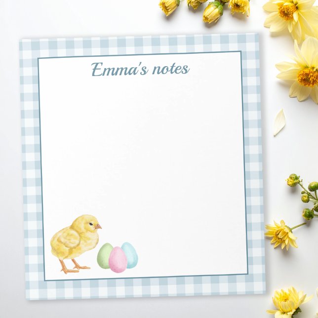 Bloco De Notas Cute Chick And Pastel Eggs On Blue Gingham Easter (Criador carregado)