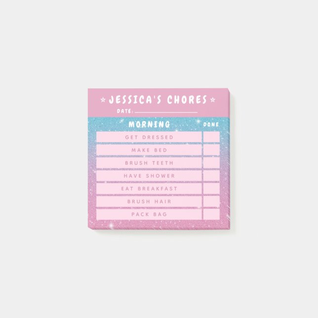 Bloco De Notas Cute Girly Pink Glitter Kids Morning Chores 3x3 (Frente)