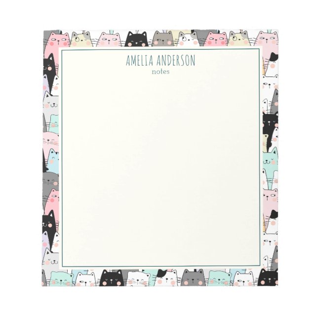 Bloco De Notas Cute Kawaii Cats Pattern Personalize Name (Frente)