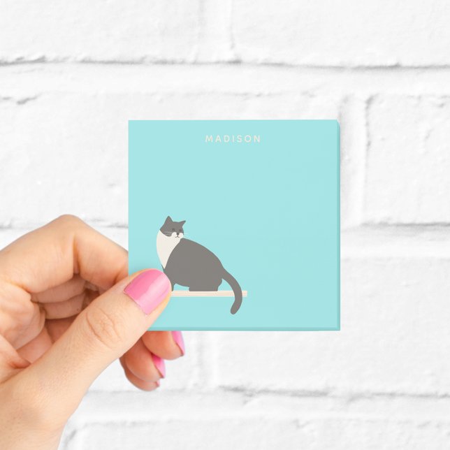 Bloco De Notas Cute Notas de Gato Cinza e Branco com Nome (Criador carregado)