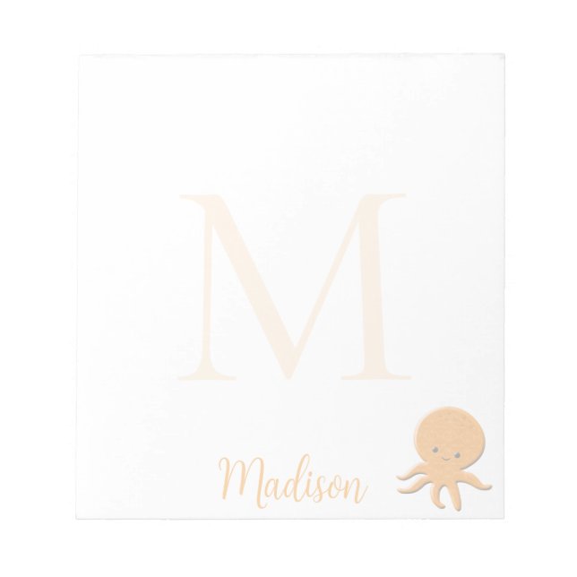 Bloco De Notas Cute Octopus Custom Name Initial  (Frente)