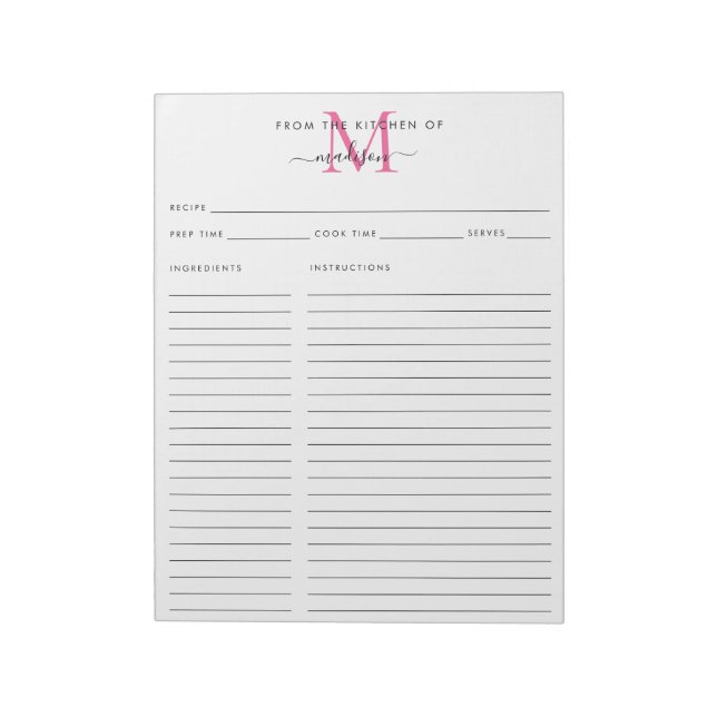 Bloco De Notas Da Cozinha De Receita De Monograma Rosa (Invertido)