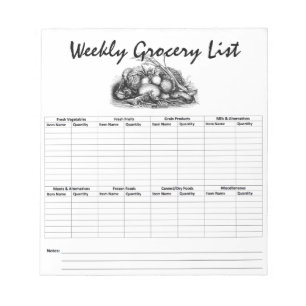 bloco de notas da lista de compras