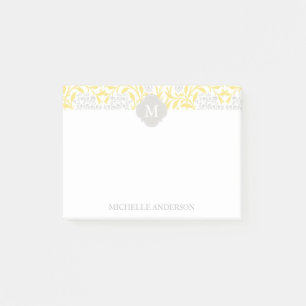 Bloco De Notas Damasco floral cinzento amarelo Monogrammed