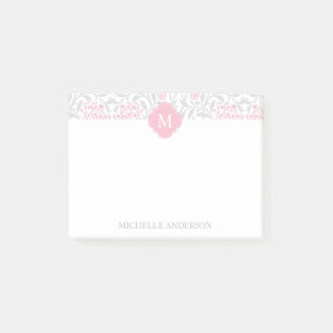 Bloco De Notas Damasco floral cor-de-rosa e cinzento Monogrammed