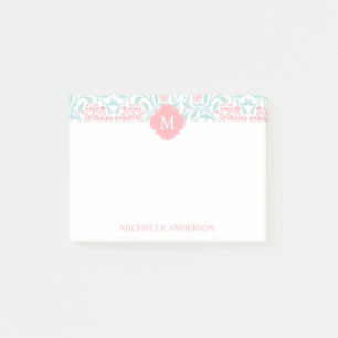 Bloco De Notas Damasco floral Monogrammed do coral e da hortelã