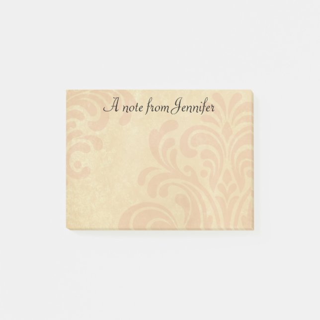 Bloco De Notas Damasco rosa sutil e bege com nome personalizado (Frente)