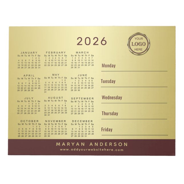 Bloco De Notas Dark-red gold design,Logo or Photo calendar, (Frente)
