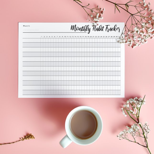 Bloco de notas de controle de hábitos mensal (Minimalist monthly habit tracker pad with modern script and clean grid layout.)