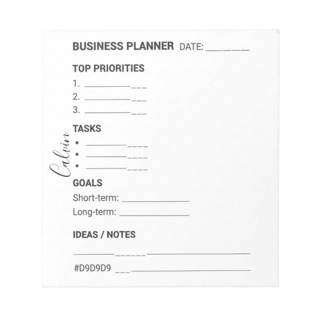 Bloco de notas de planejador de negócios Branco e  (Frente)