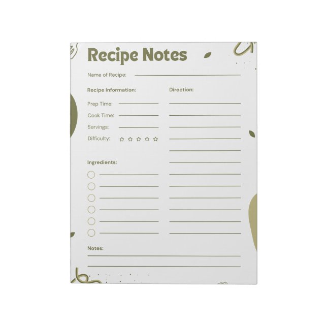 Bloco de Notas de Receitas Estético Simples Verde  (Invertido)