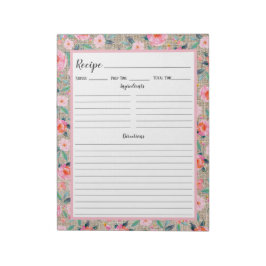 Bloco de Notas de Receitas Floral Rosa Rústico em 