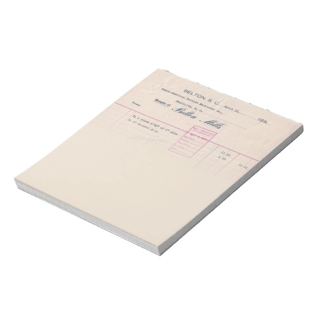 Bloco de Notas de Recibo Belton Mills Belton, SC (Invertido)