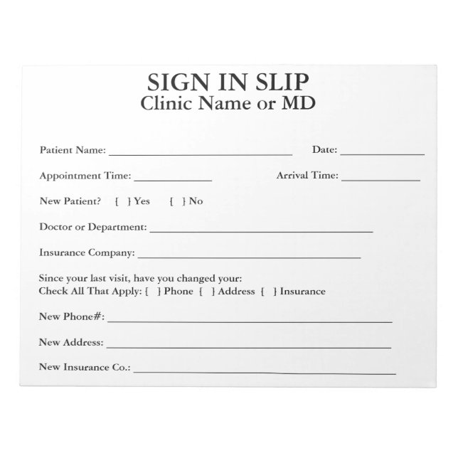 Bloco de Notas de Slips de Entrada do Paciente de  (Frente)