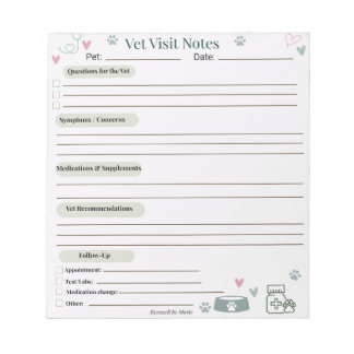Bloco de Notas de Visita ao Veterinário para Cuida