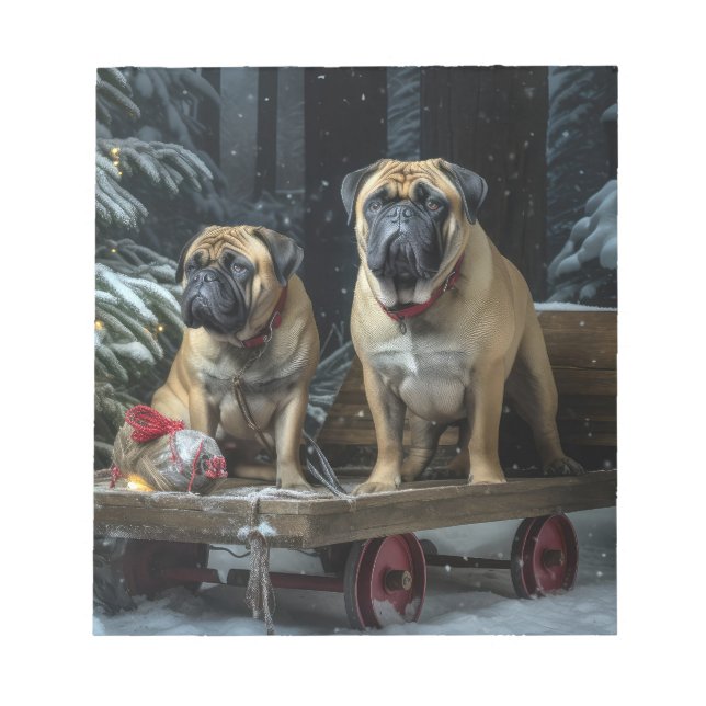 Bloco De Notas Decado de Natal Bullmastiff Snowy Sleigh (Frente)