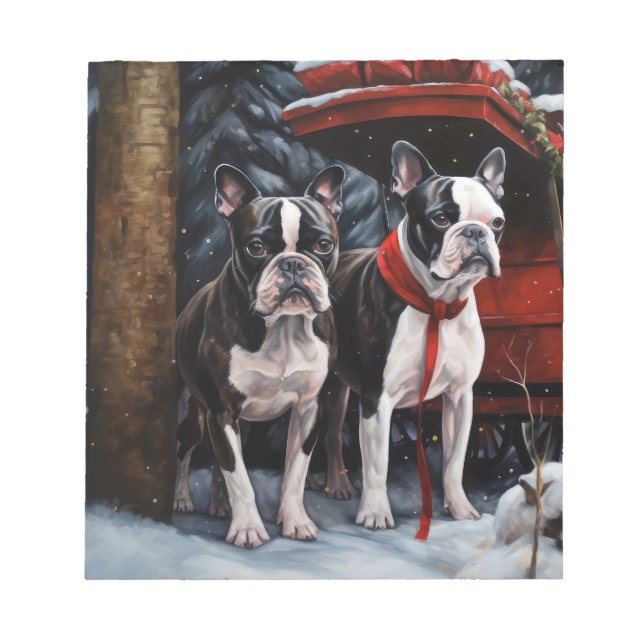 Bloco De Notas Decado de Natal de Boston Terrier Snowy Sleigh (Frente)