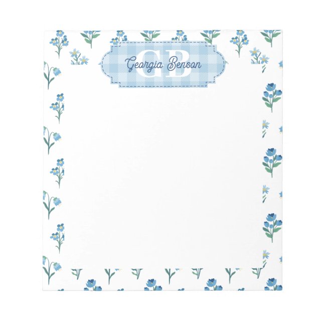 Bloco De Notas Delicate Blue Floral Monogram Cottagecore (Frente)