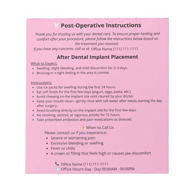 Bloco De Notas  Dental Post Op Instructions Notepad (Implant) (Frente)