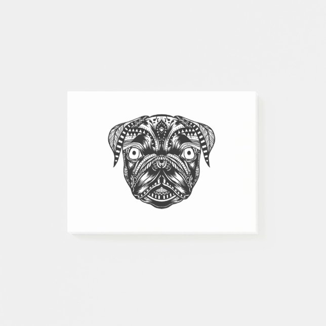 Bloco De Notas Desenho de Cabeça de Pug de Cachorro Mandala (Frente)