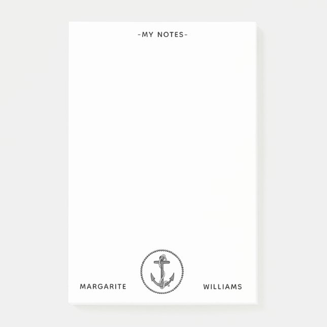 Bloco De Notas Design de Âncora Marinha B&W Personalizada (Frente)