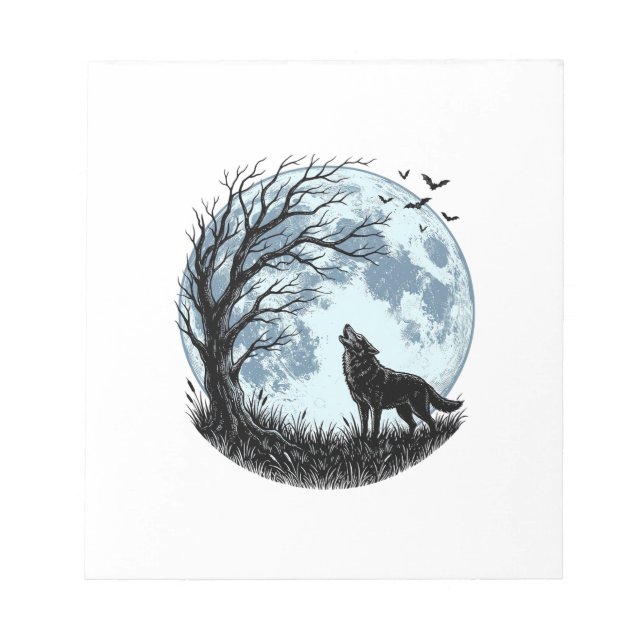 Bloco De Notas Design Silhueta da Árvore da Lua Uivando Lobo Vint (Frente)