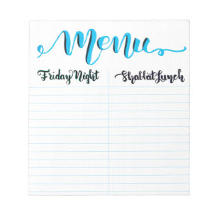 Bloco de notas do menu de Shabbat Shabbos