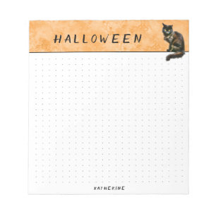 Bloco De Notas Dotado   Grunge Laranja de Gato Preto do Halloween