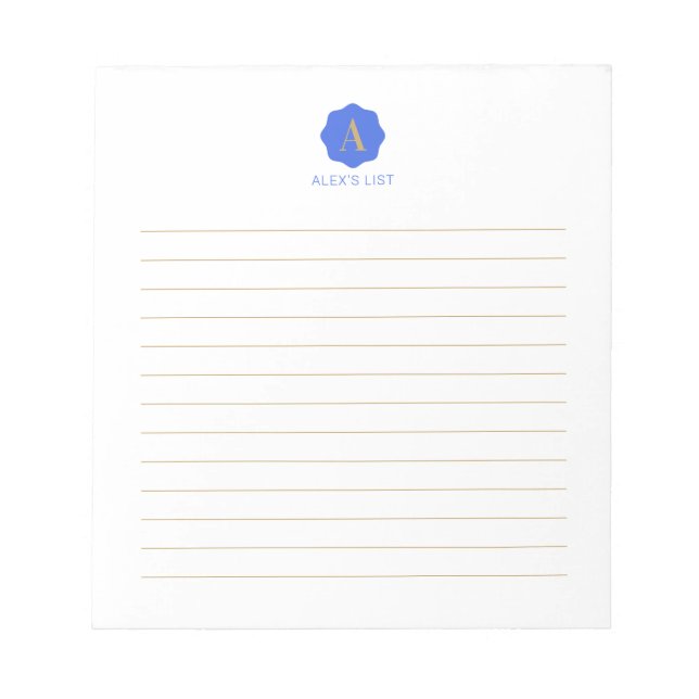 Bloco De Notas Dourado & Azul Simples Monograma Moderno Personali (Frente)