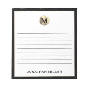 Bloco De Notas Dourado Monograma Branco Preto Vinculado