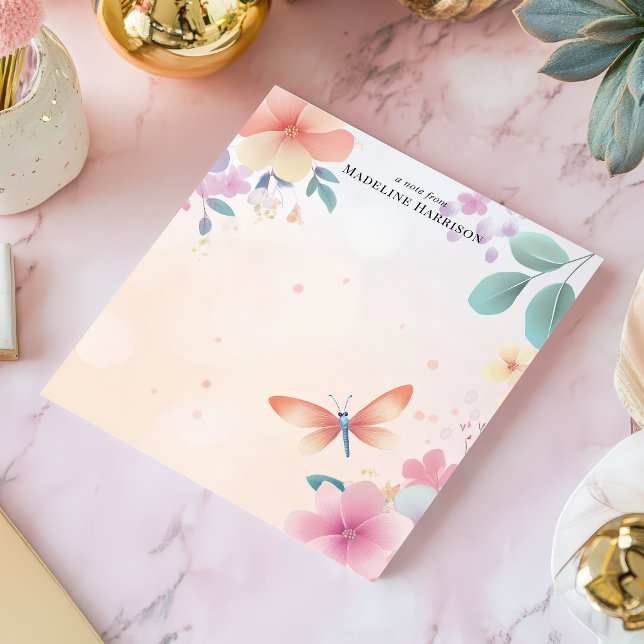 Bloco De Notas Dragão Libélula Jardim Floral Pastel Nome Personal (Criador carregado)