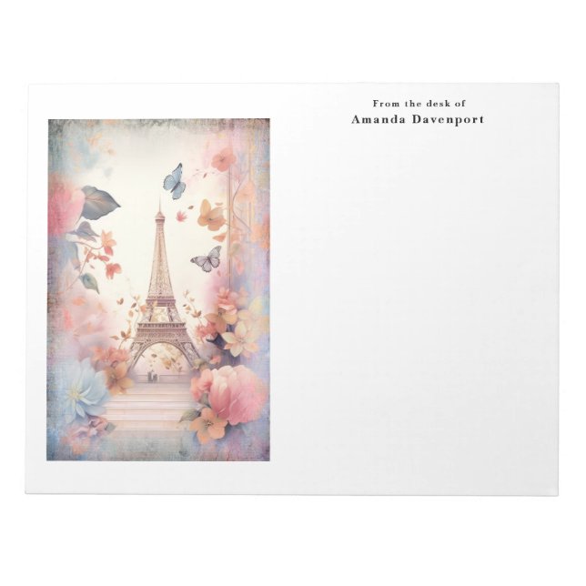 Bloco De Notas Eiffel Tower Butterflies and Flowers (Frente)