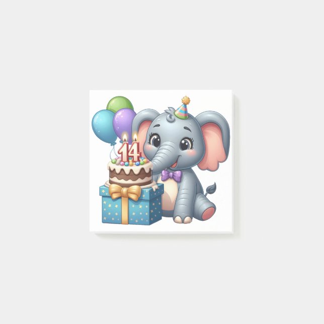 Bloco De Notas Elefante de aniversário de 14 anos (Frente)