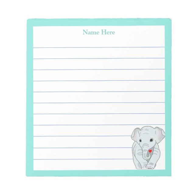 Bloco De Notas Elefante Fofo com Moldura Turquesa Enfeitada (Frente)