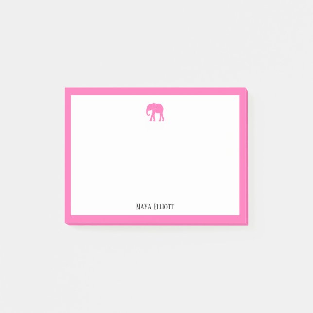 Bloco De Notas Elefante Rosa Brilhante e Borda em Branco com Nome (Frente)