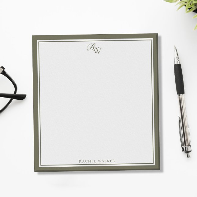 Bloco De Notas Elegant Olive Green Monogram Two Border (Criador carregado)