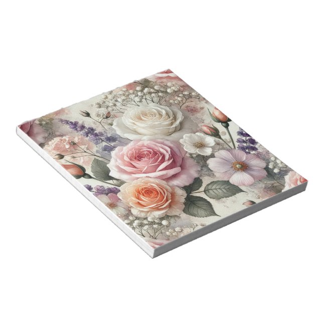 Bloco De Notas Elegant Pink and White Rose Pattern Notepad (Inclinado)
