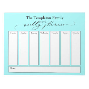 Bloco De Notas Elegant Script Simple Weekly Planner, Light Aqua