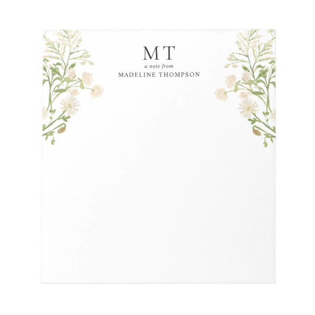 Bloco De Notas Elegant White Floral Wildflower Classic Monogram (Frente)