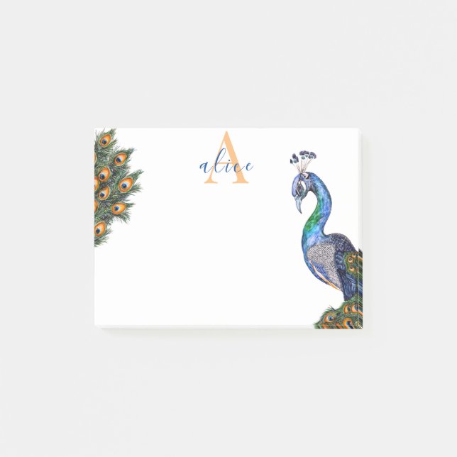 Bloco De Notas Elegante Aquarela Monograma de Peacock (Frente)