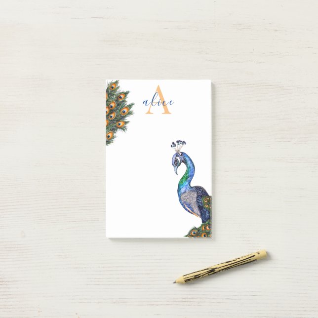 Bloco De Notas Elegante Aquarela Monograma de Peacock (Na mesa)