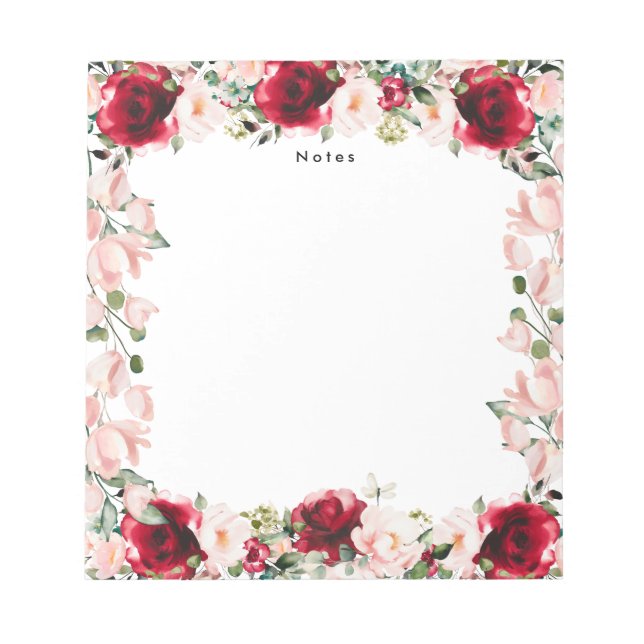 Bloco De Notas Elegante Aquarela Vermelha Rosa Floral Personaliza (Frente)
