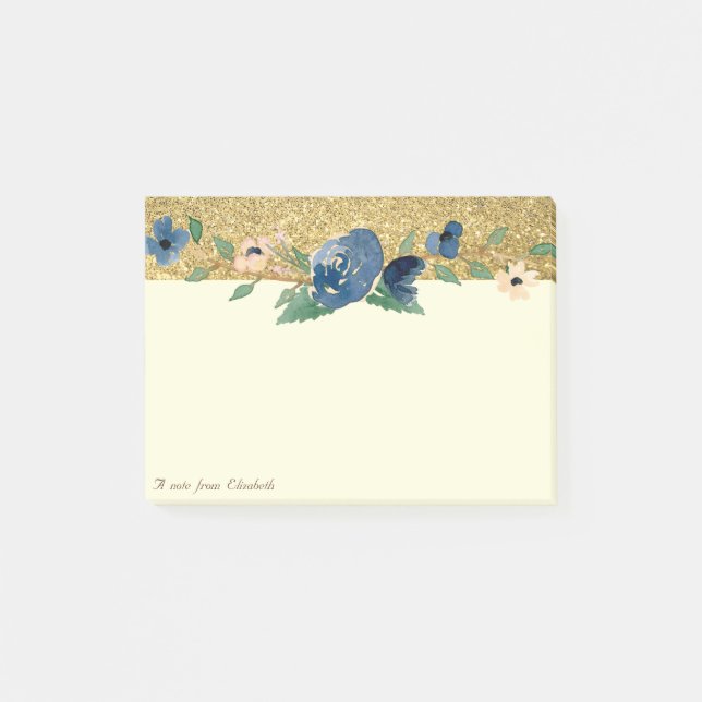 Bloco De Notas Elegante Chique, Brilho Dourado, Floral (Frente)