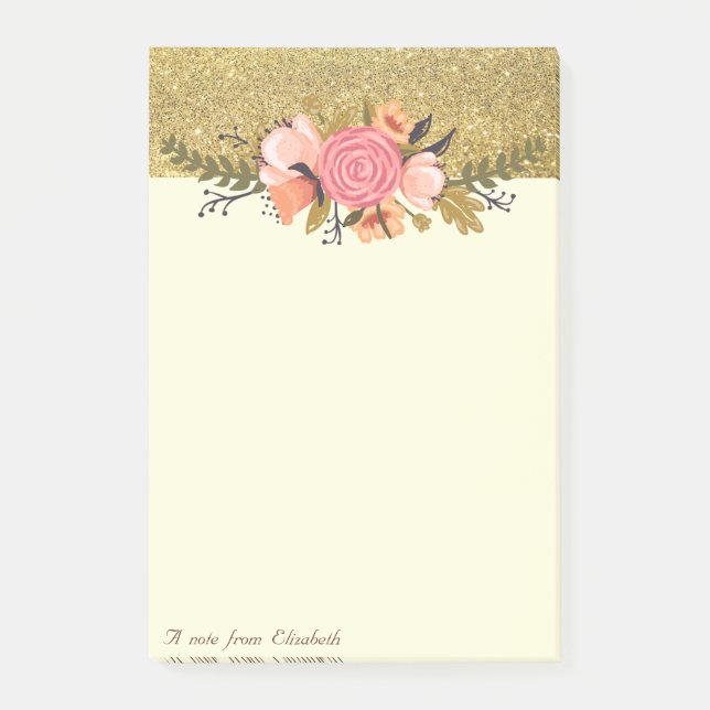 Bloco De Notas Elegante Chique, Brilho Dourado, Flores (Frente)