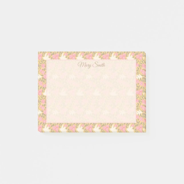 Bloco De Notas Elegante Design de Borda Floral Pastel com Pássaro (Frente)