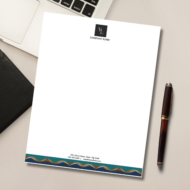 Bloco De Notas Elegante Dourado Wave Blue Teal Business (Criador carregado)