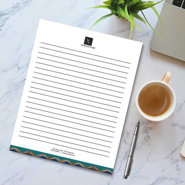 Bloco De Notas Elegante Dourado Wave Blue Teal Business (Criador carregado)